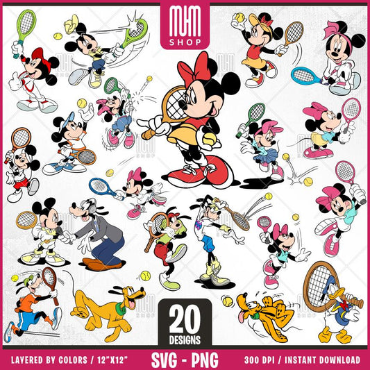 Mouse And Friends Tennis Svg Png, 20 Designs Easy to use, Cartoon Characters, Layered Svg by colors, Transparent Png, Easy cut files for Cricut.
