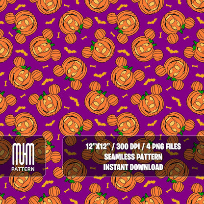 Seamless Pattern PNG, Halloween Pumpkin, Mouse Head, Cartoon Characters, Boo Day, Fabric Design Sublimation, Ready for Textile Prints.