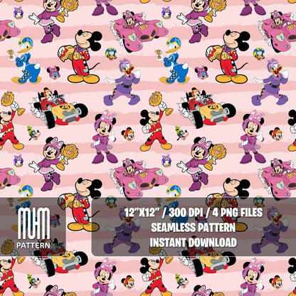 Seamless Pattern PNG, Mouse and Friends Roadster Racers, Cartoon Characters, Repeat Png, Fabric Design Sublimation, Ready for Textile Prints