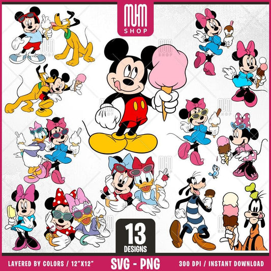 Mouse And Friends Ice Cream Svg, 13 Designs Easy to use, Cartoon Characters, Layered Svg by colors, Transparent Png, Cut files for Cricut.