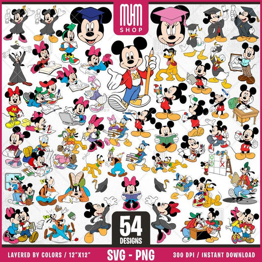 Mouse And Friends At School Svg Png, 54 Designs Easy to use Cartoon Characters, Layered Svg by colors, Transparent Png, Cut files for Cricut
