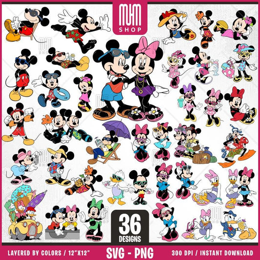 Mouse And Friends In Summer Svg, 36 Designs Easy to use, Cartoon Characters, Layered Svg by colors, Transparent Png, Cut files for Cricut.