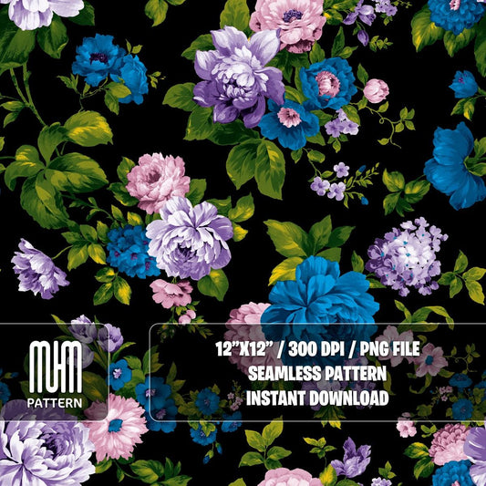Seamless Pattern, Watercolor Floral Pattern, Black Background, Modern Design, Fabric Design Sublimation, Ready for Textile Prints.