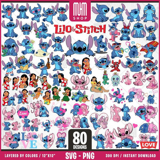 Lilo and Stitch Svg Png, 80 Designs + Font Easy to use, Cartoon Characters, Layered Svg by colors, Transparent Png, Cut files for Cricut.