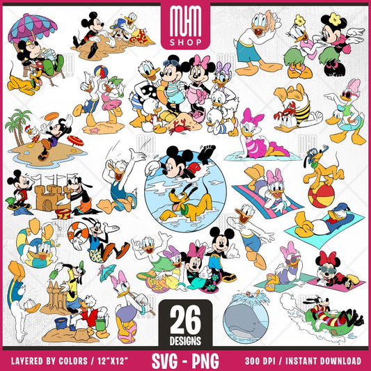 Mouse And Friends At Beach Svg, 26 Designs Easy to use, Cartoon Characters, Layered Svg by colors, Transparent Png, Cut files for Cricut.