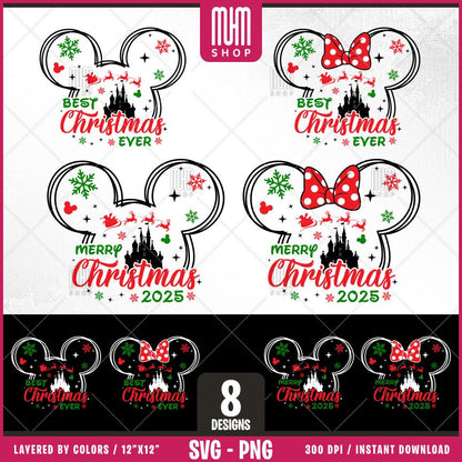 Merry Christmas 2025 Svg Png, 8 Designs Easy to use, Magical Kingdom Bundle, Family Trip, Castel Svg, Mouse Head, Easy cut files for Cricut.