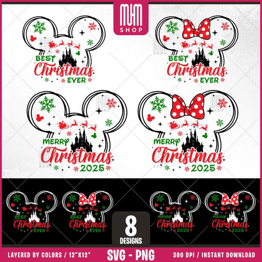 Merry Christmas 2025 Svg Png, 8 Designs Easy to use, Magical Kingdom Bundle, Family Trip, Castel Svg, Mouse Head, Easy cut files for Cricut.