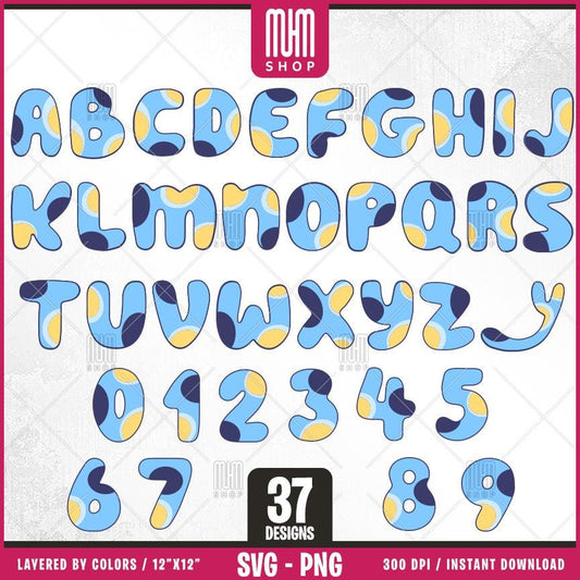 Bluey Dog Alphabet With Numbers Svg, 37 Designs Easy to use Cartoon Characters, Layered Svg by colors, Transparent Png, Cut files for Cricut.