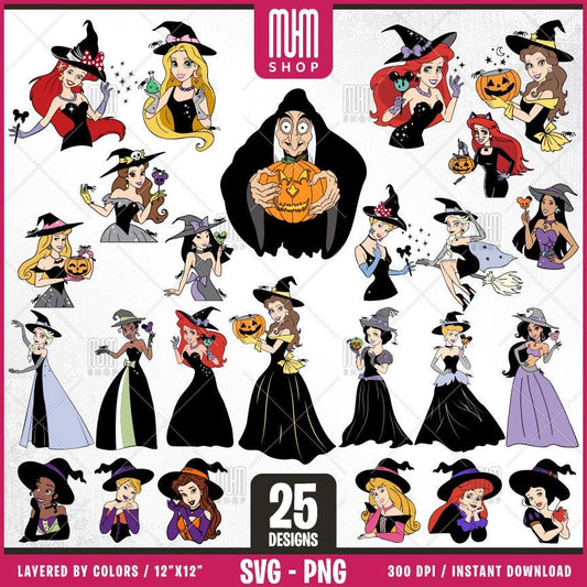 Princess Halloween Svg Png, 25 Designs Easy to use, Cartoon Characters, Layered Svg by colors, Transparent Png, Easy cut files for Cricut.