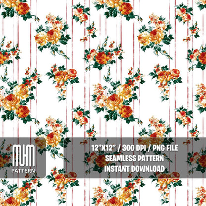 Seamless Pattern, Hand Drawn Flowers with Leaves, Pretty Pattern on Striped Background, Fabric Design Sublimation, Ready for Textile Prints.