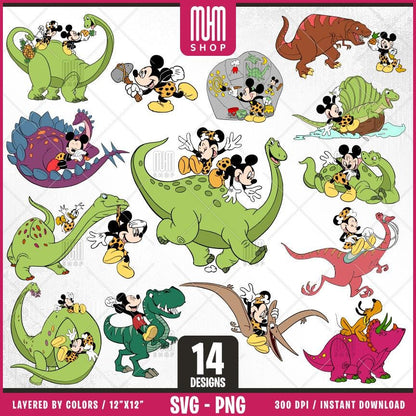 Mouse & Dinosaurs Svg, 14 Designs Easy to use, Cartoon Characters Clipart, Layered Svg by colors, Transparent Png, Easy cut files for Cricut