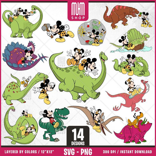 Mouse & Dinosaurs Svg, 14 Designs Easy to use, Cartoon Characters Clipart, Layered Svg by colors, Transparent Png, Easy cut files for Cricut