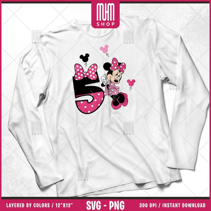 Minnie Mouse Birthday Numbers Svg Png, 6 Designs Easy to use Cartoon Characters, Layered Svg by colors, Transparent Png Cut files for Cricut