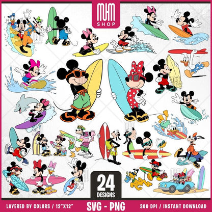 Mouse And Friends Surfing Sport Svg Png, 24 Designs, Cartoon Characters, Layered Svg by colors, Transparent Png, Easy cut files for Cricut.