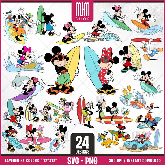 Mouse And Friends Surfing Sport Svg Png, 24 Designs, Cartoon Characters, Layered Svg by colors, Transparent Png, Easy cut files for Cricut.