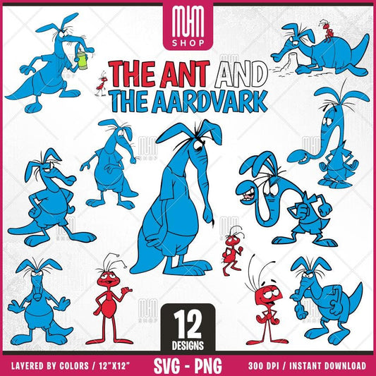 The Ant And The Aardvark Svg Png, 12 Designs Easy to use, Cartoon Characters, Layered Svg by colors, Transparent Png, Cut files for Cricut.