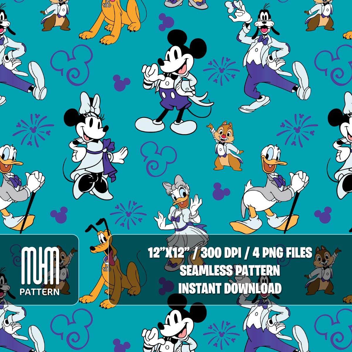 Seamless Pattern PNG, Mouse And Friends 100 Years Of Wonder, Cartoon Characters, Repeated Fabric Design Sublimation,Ready for Textile Prints