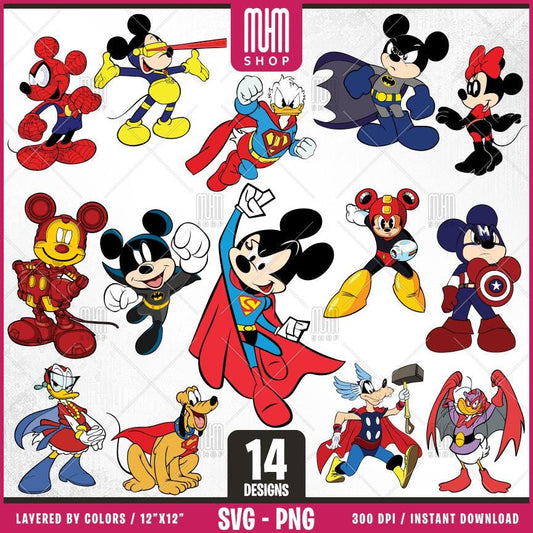 Mouse And Friends Superheroes Svg Png, 14 Designs Easy to use, Cartoon Characters, Layered Svg by colors, Transparent Png, Cut files for Cricut.
