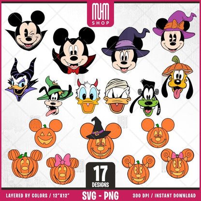 Mouse and Friends Head Halloween Svg Png, 17 Designs Easy to use Cartoon Characters Layered Svg by colors, Transparent Png, files for Cricut