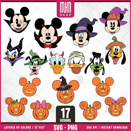 Mouse and Friends Head Halloween Svg Png, 17 Designs Easy to use Cartoon Characters Layered Svg by colors, Transparent Png, files for Cricut