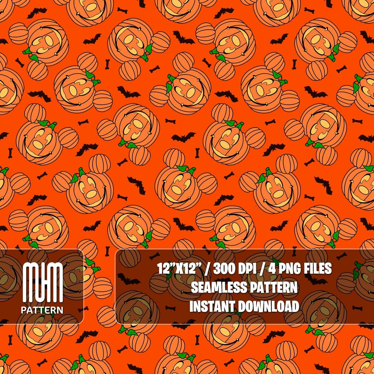 Seamless Pattern PNG, Halloween Pumpkin, Mouse Head, Cartoon Characters, Boo Day, Fabric Design Sublimation, Ready for Textile Prints.