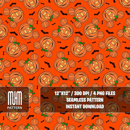 Seamless Pattern PNG, Halloween Pumpkin, Mouse Head, Cartoon Characters, Boo Day, Fabric Design Sublimation, Ready for Textile Prints.