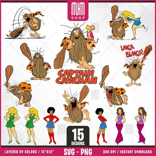 Captain Caveman Svg Png, 15 Designs Easy to use, Cartoon Characters, Layered Svg by colors, Transparent Png, Easy cut files for Cricut.