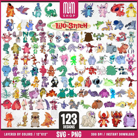 Lilo and Stitch Experiments Svg Png, 123 Designs Easy to use, Cartoon Characters, Layered Svg by colors, Transparent Png, Cut for Cricut.