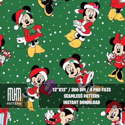 Seamless Pattern PNG, Merry Christmas, Minnie Mouse Xmas, Cartoon Characters, Noel Day, Fabric Design Sublimation, Ready for Textile Prints.