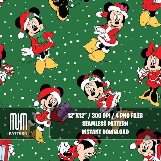 Seamless Pattern PNG, Merry Christmas, Minnie Mouse Xmas, Cartoon Characters, Noel Day, Fabric Design Sublimation, Ready for Textile Prints.
