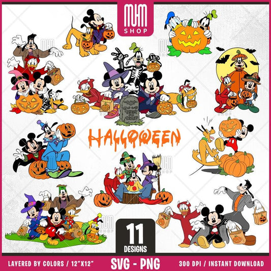 Mouse And Friends On Halloween Svg Png, 11 Designs Easy to use, Cartoon Characters Layered Svg by colors, Transparent Png, files for Cricut.