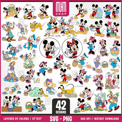Mouse And Friends Easter Svg Png, 42 Designs Easy to use, Cartoon Characters, Layered Svg by colors, Transparent Png, Cut files for Cricut.