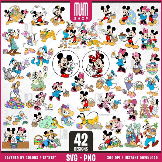 Mouse And Friends Easter Svg Png, 42 Designs Easy to use, Cartoon Characters, Layered Svg by colors, Transparent Png, Cut files for Cricut.