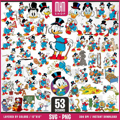 Scrooge McDuck Svg Png, 53 Designs Easy to use, Cartoon Characters, Layered Svg by colors, Transparent Png, Cut Files for Cricut.