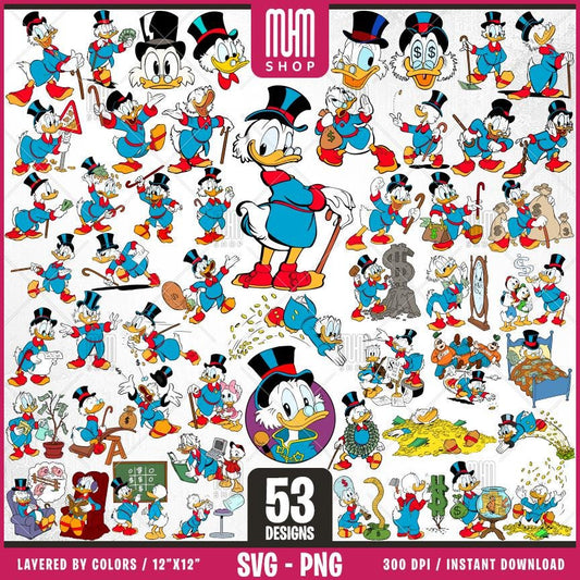 Scrooge McDuck Svg Png, 53 Designs Easy to use, Cartoon Characters, Layered Svg by colors, Transparent Png, Cut Files for Cricut.